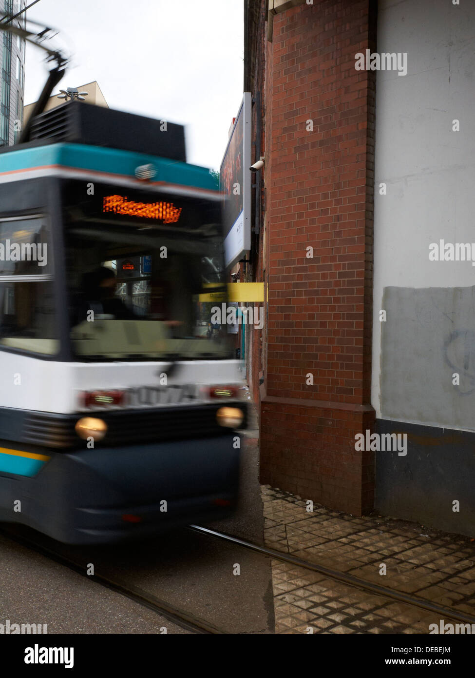 Tram arriving at Piccadilly station Manchester UK Stock Photo Alamy