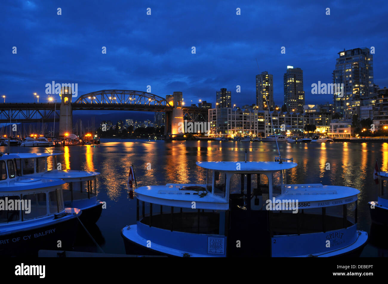 Blue hour at Granville Island, Vancouver, BC, Canada Stock Photo