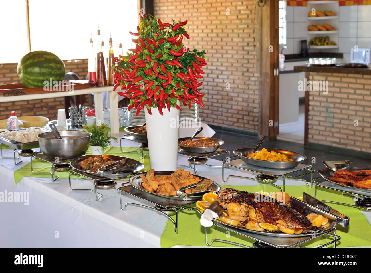 Brazil, Pantanal: Lunch buffet in the Pousada Rio Claro Stock Photo