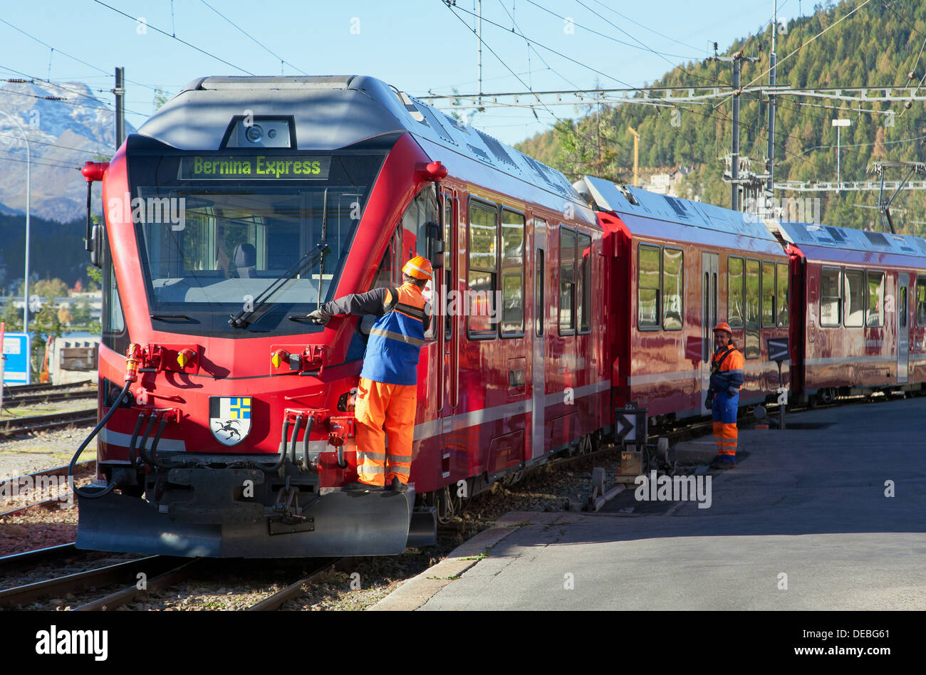 St. Moritz, Switzerland, the Bernina Express at the railway station Stock  Photo - Alamy