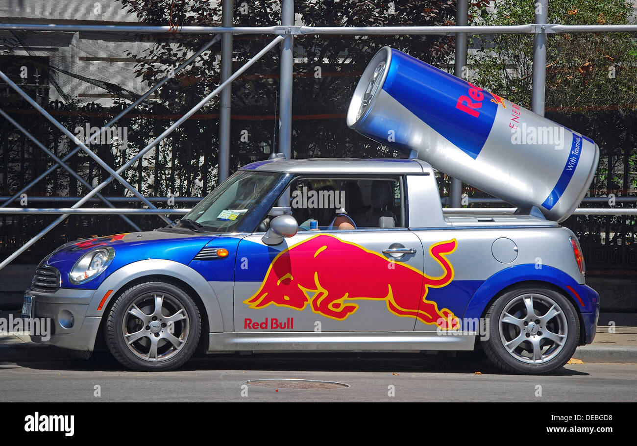 A car advertising for Red Bull energy drink in the Greenwich Village section of New York City Stock Photo