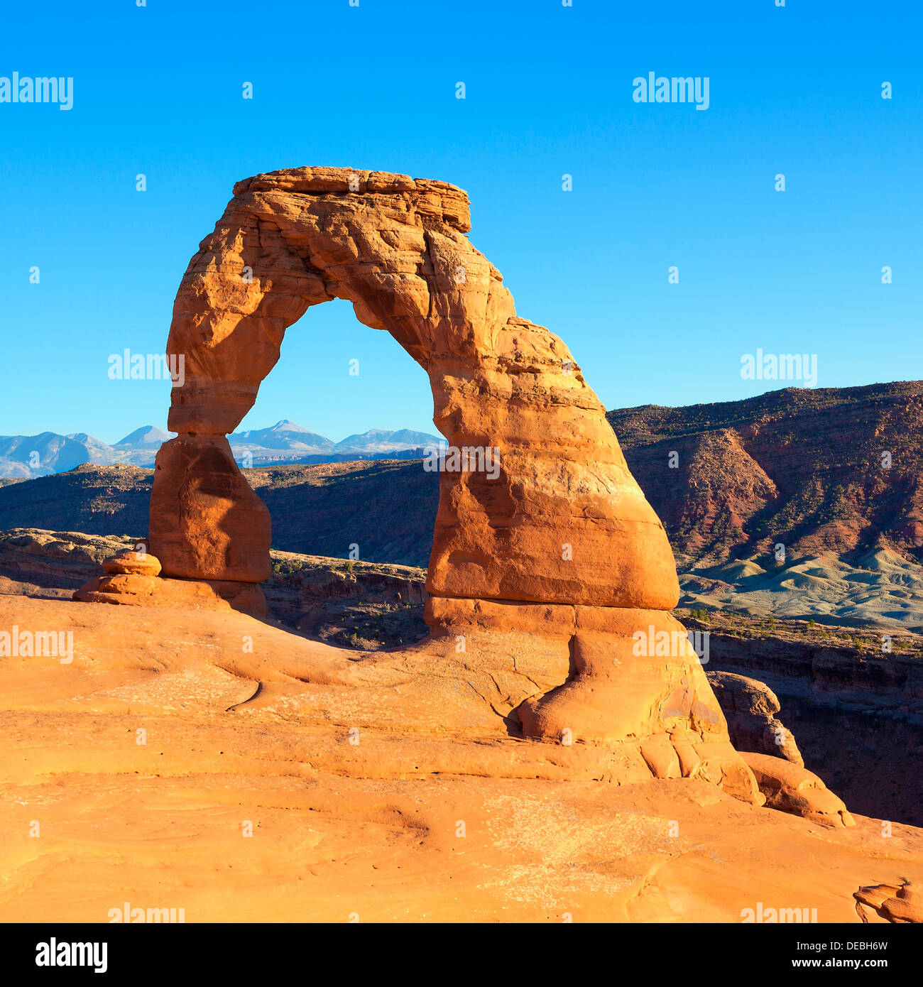 view of Delicate Arch at sunset, USA Stock Photo
