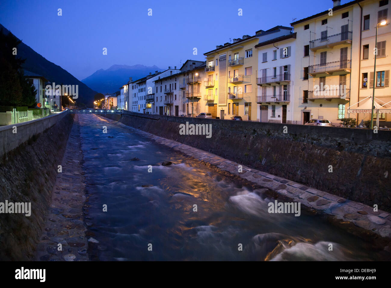 Tirano, Italy, dada River at dusk Stock Photo
