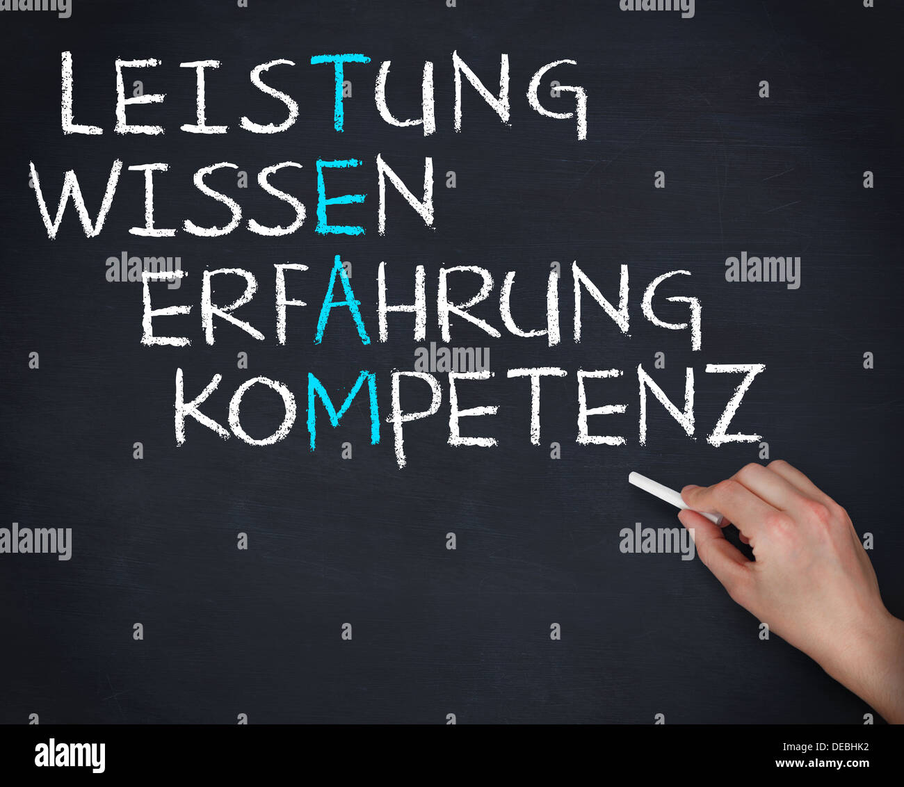 Hand holding a chalk and writing anagram of team in german Stock Photo