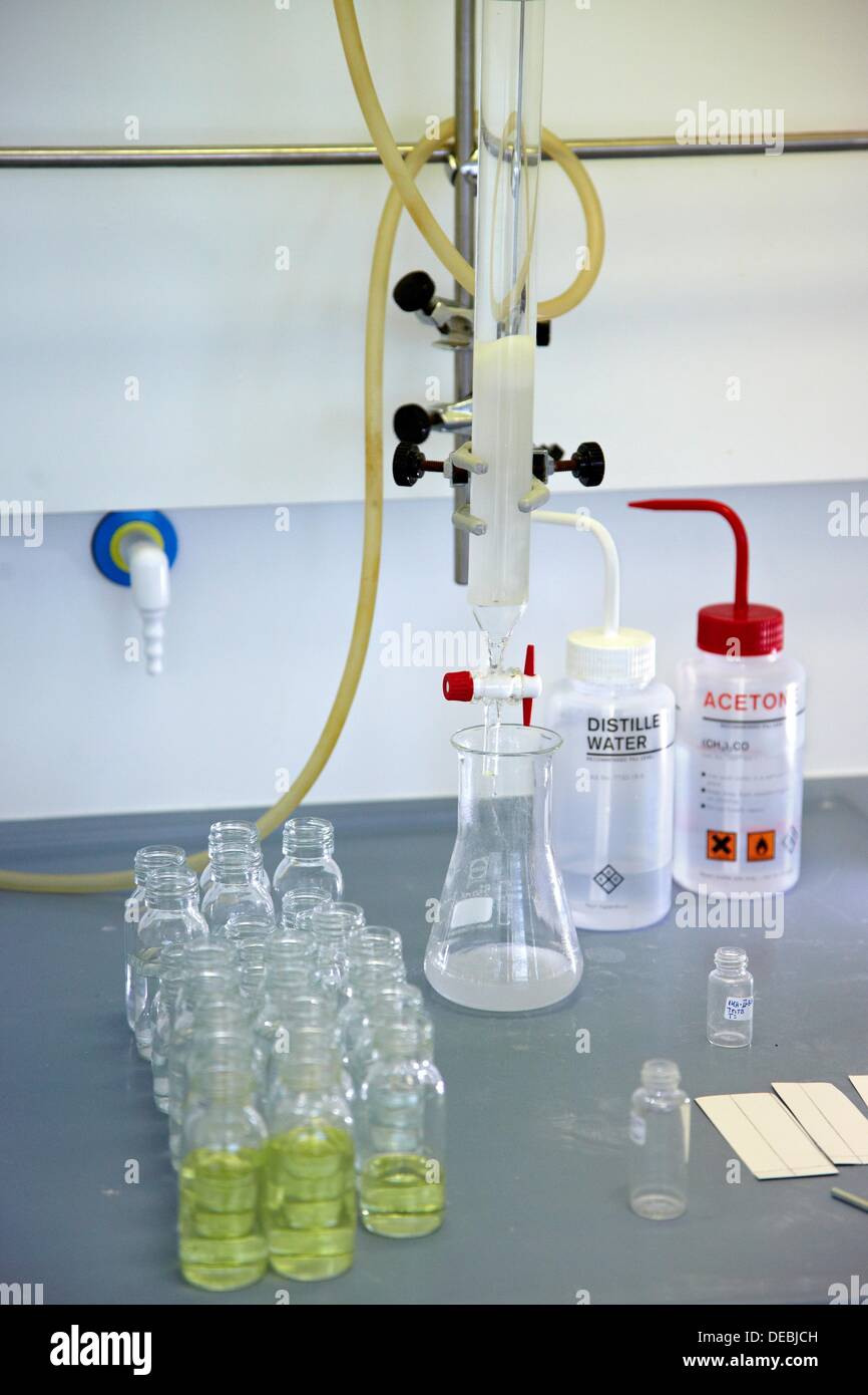 Chromatography column in fume hood, synthesis lab, IkerChem research
