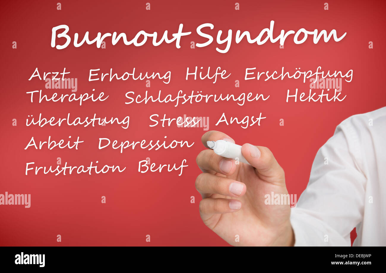 Hand writing different words about burnout syndrome in german Stock Photo