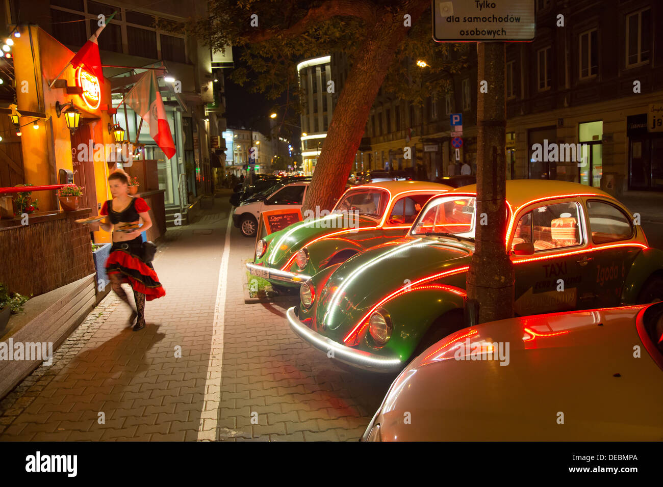 Warsaw, Poland, discarded VW Beetle as advertising medium for the restaurant THE MEXICAN Stock Photo