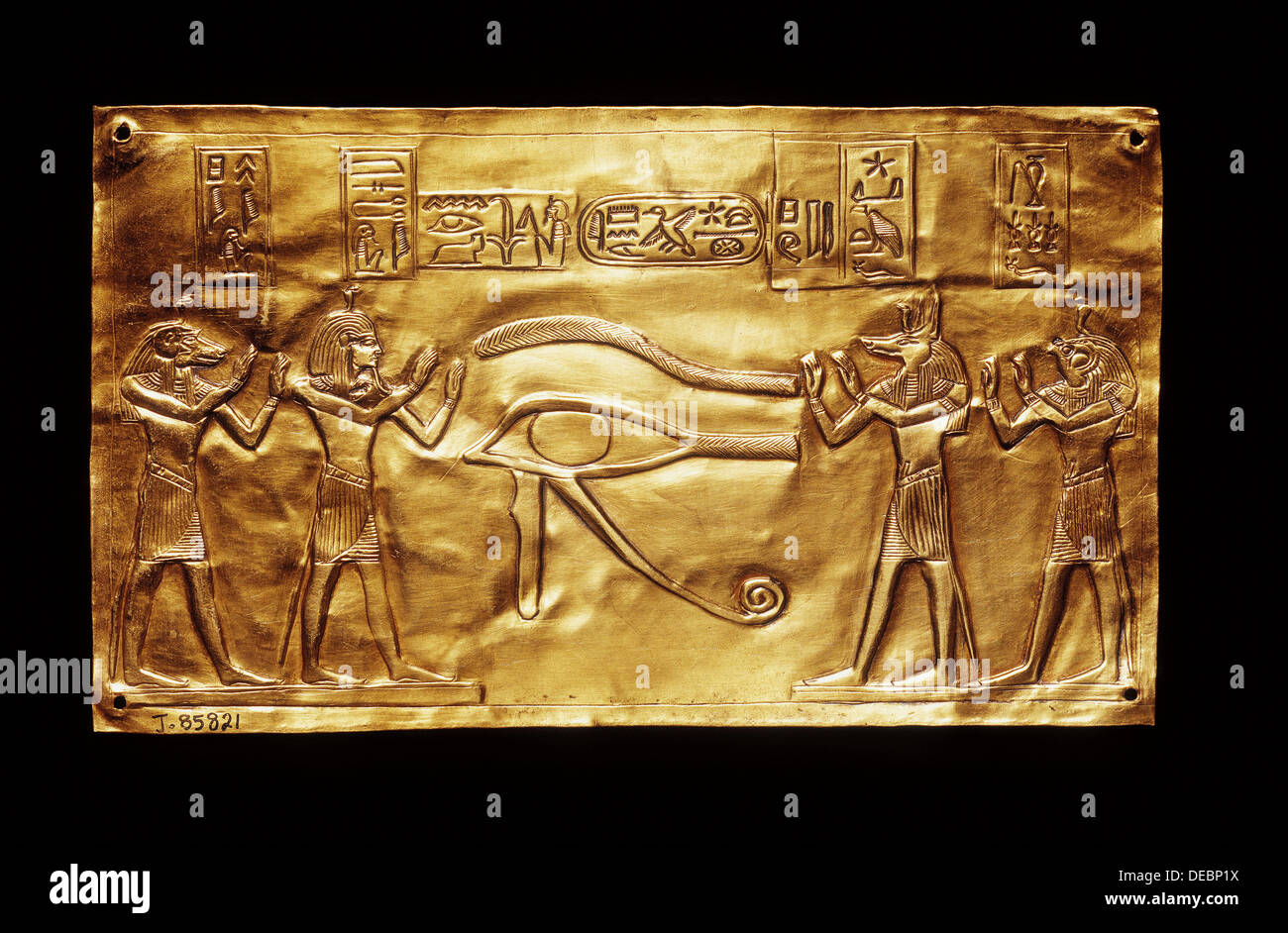´Wedjat´ eye with Horus children at relief from tomb of Psusennes. Egyptian Museum. Egypt Stock Photo