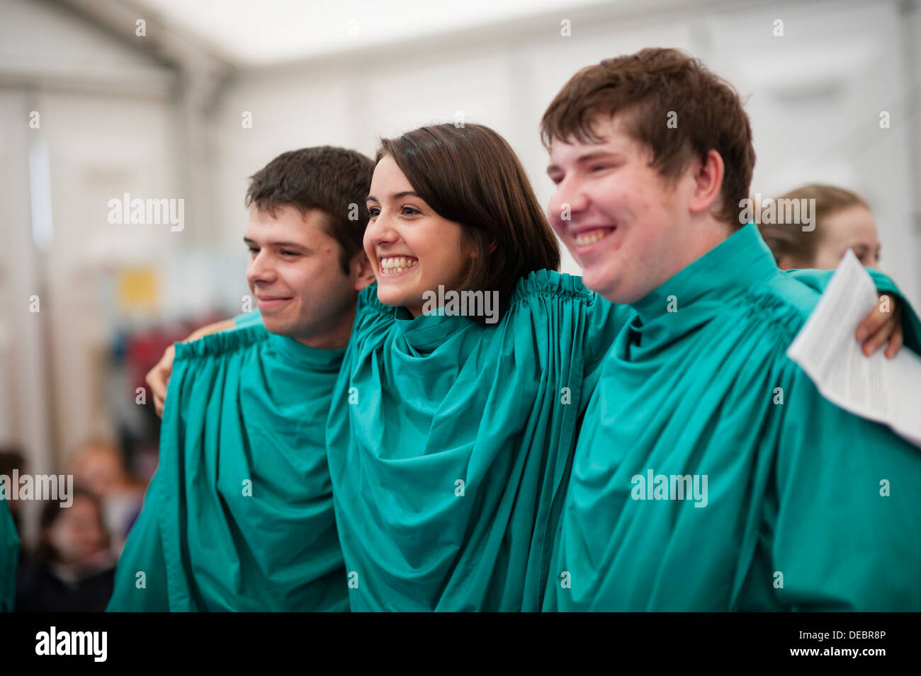 Green robed young new members of the Gorsedd of Bards at The National Eisteddfod of Wales 2013, Denbigh Clwyd North Wales Stock Photo