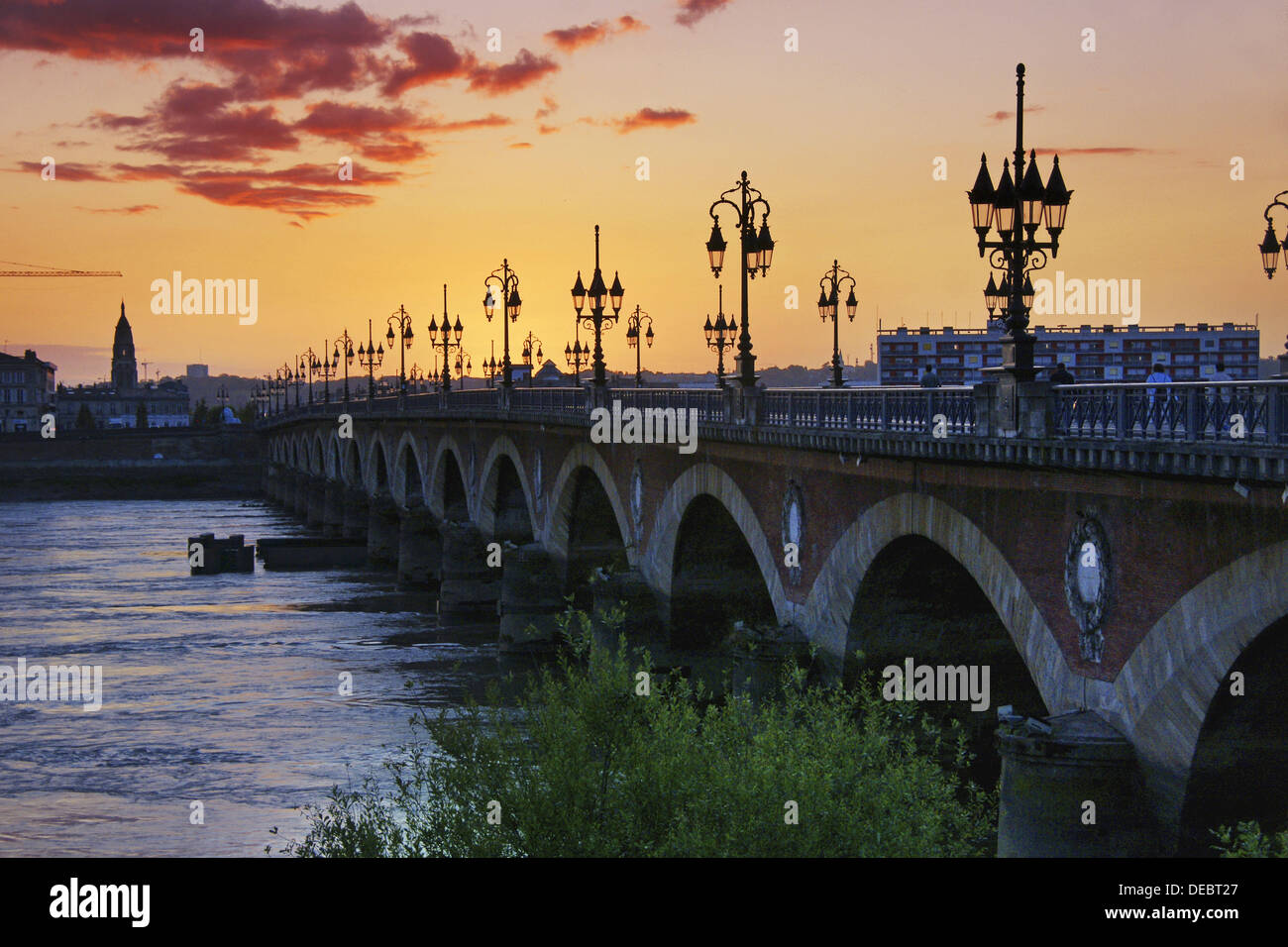 France. Gironde. Bordeaux. Sunrise on Pont de Pierre. Stock Photo