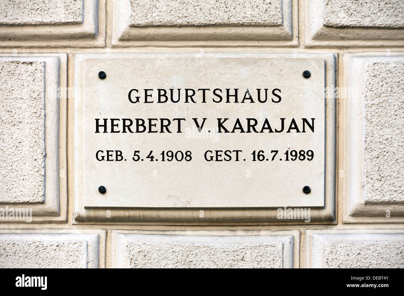 Plaque at the birthplace of the conductor Herbert von Karajan, Salzburg, Salzburg State, Austria Stock Photo