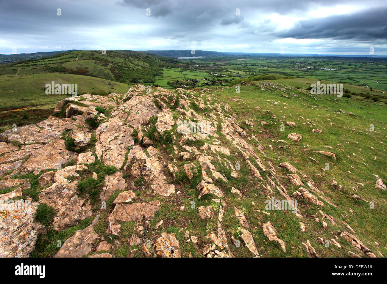 Summer view over Crook Peak, Somerset Levels, Mendip Hills, Somerset County, England Stock Photo