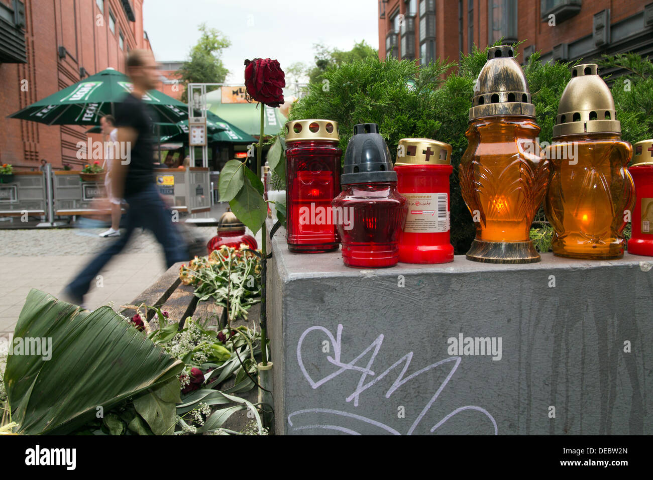 Poznan, Poland, mourning candles at the scene of a murder in the pedestrian Polwiejska Stock Photo