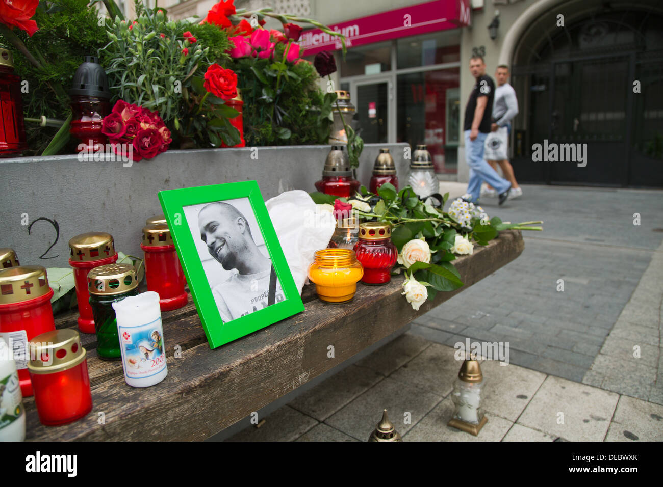 Poznan, Poland, photo and funeral candles at the scene of a murder in the pedestrian Stock Photo
