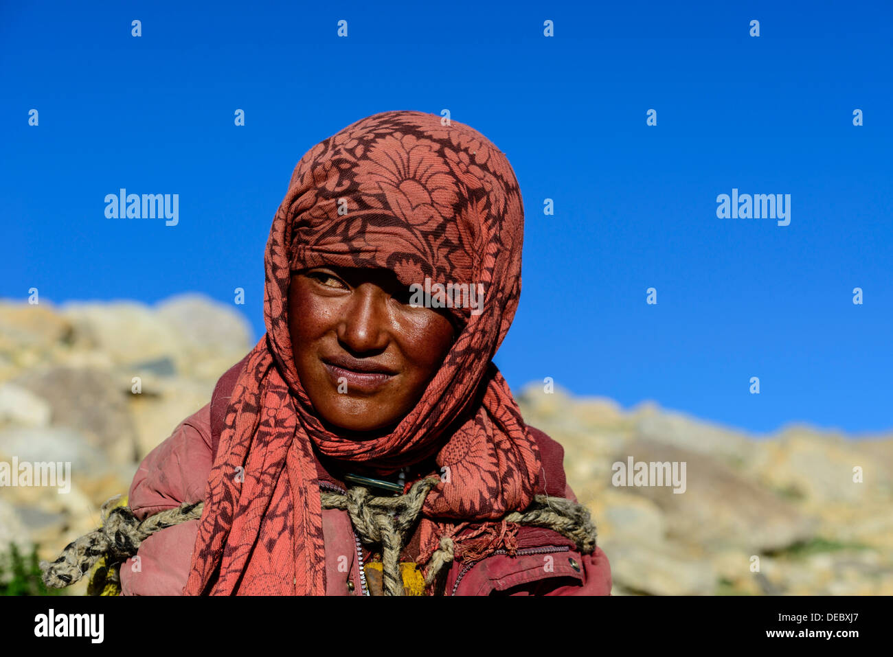 Veiled nomad girl, portrait, Korzok, Ladakh, Jammu and Kashmir, India Stock Photo