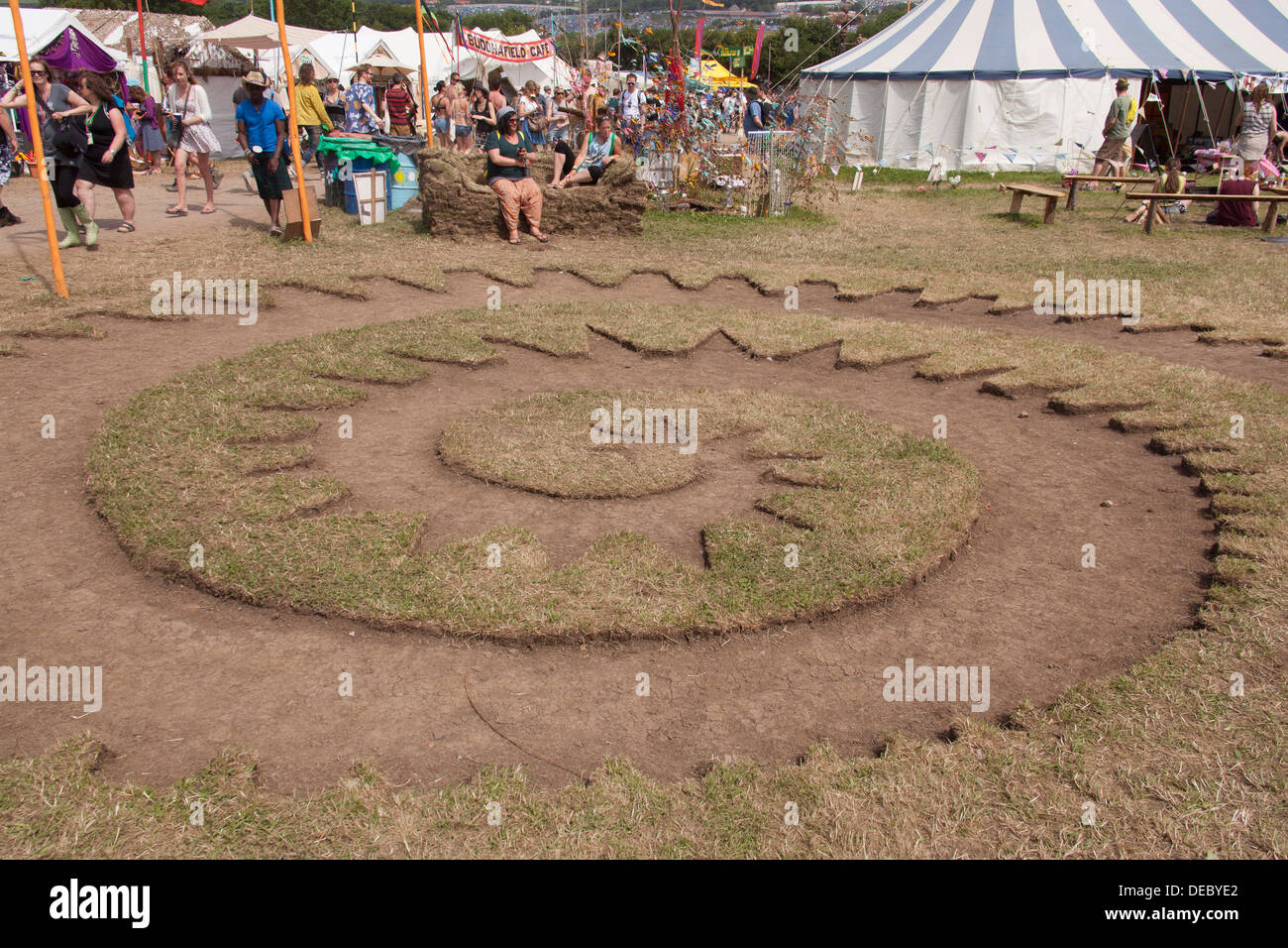 Spiral pattern cut of of the grass turf, Greenfield's, Glastonbury Festival, Somerset, England. Stock Photo