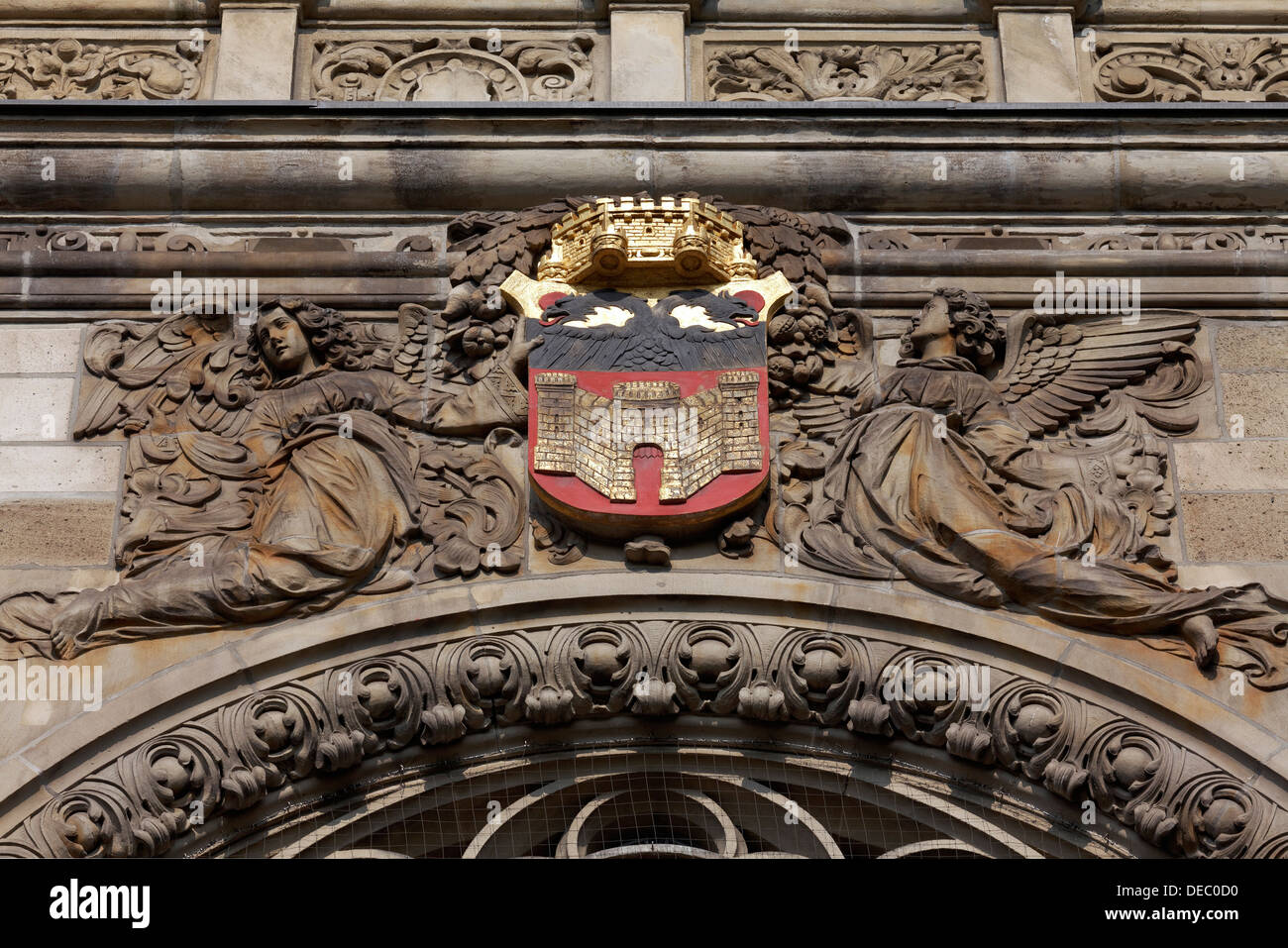 City arms on the façade of the Town Hall, Renaissance style, Duisburg, Ruhr district, North Rhine-Westphalia, Germany Stock Photo
