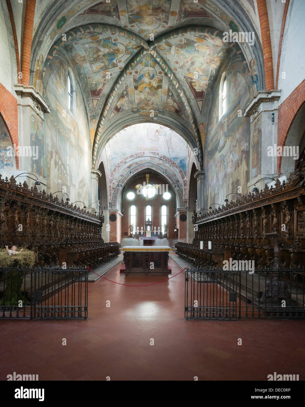 Choir stalls and choir of the Gothic Chiaravalle Abbey, Abbazia Chiaravalle Milanese, Rogoredo, Milan, Lombardy, Italy Stock Photo