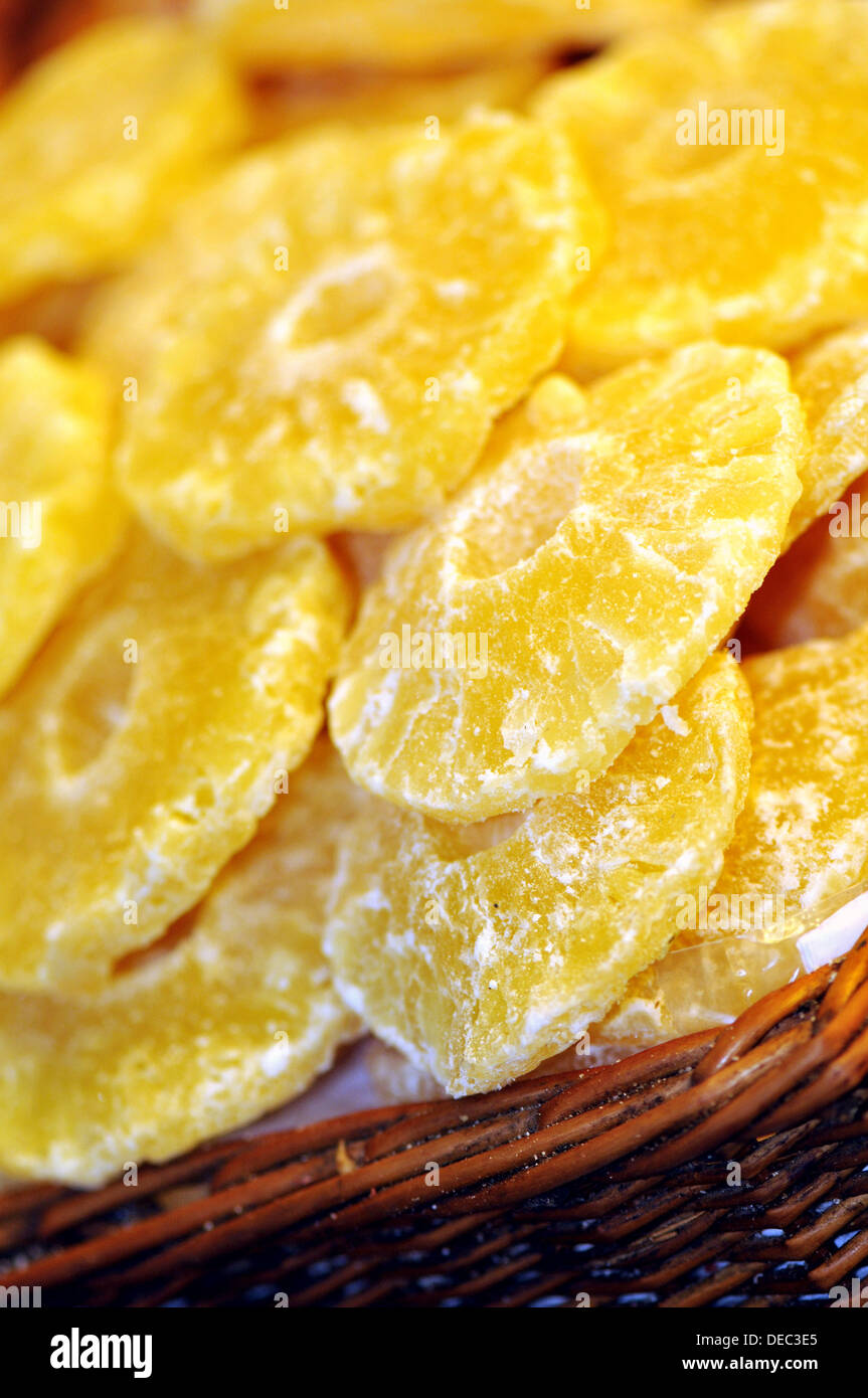 Candied pineapple at La Boqueria market, Barcelona. Catalonia, Spain