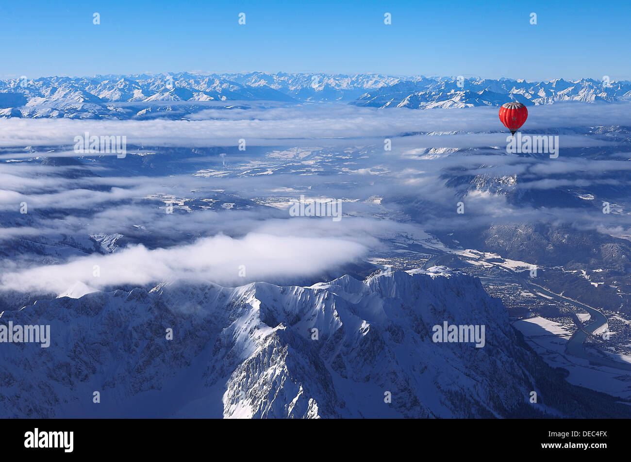 Hot-air balloon flying over Wilder Kaiser Mountain, Kössen, Tyrol, Austria Stock Photo