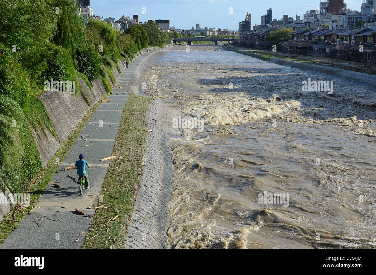 Kyoto, Japan. 16th September, 2013. Typhoon Man-yi makes landfall in Japan. Picture shows a very rough Kamo River running through Kyoto City. The typhoon hit the area early Monday morning local time and by 7pm had moved up the main island of Honshu to Tokyo, causing serious flooding in some areas. As of 7pm local time, more than 400,000 had been ordered to evacuate their homes across three prefectures, with reports of two deaths, four missing and 28 injured across the country. Credit:  Trevor Mogg / Alamy Live News Stock Photo