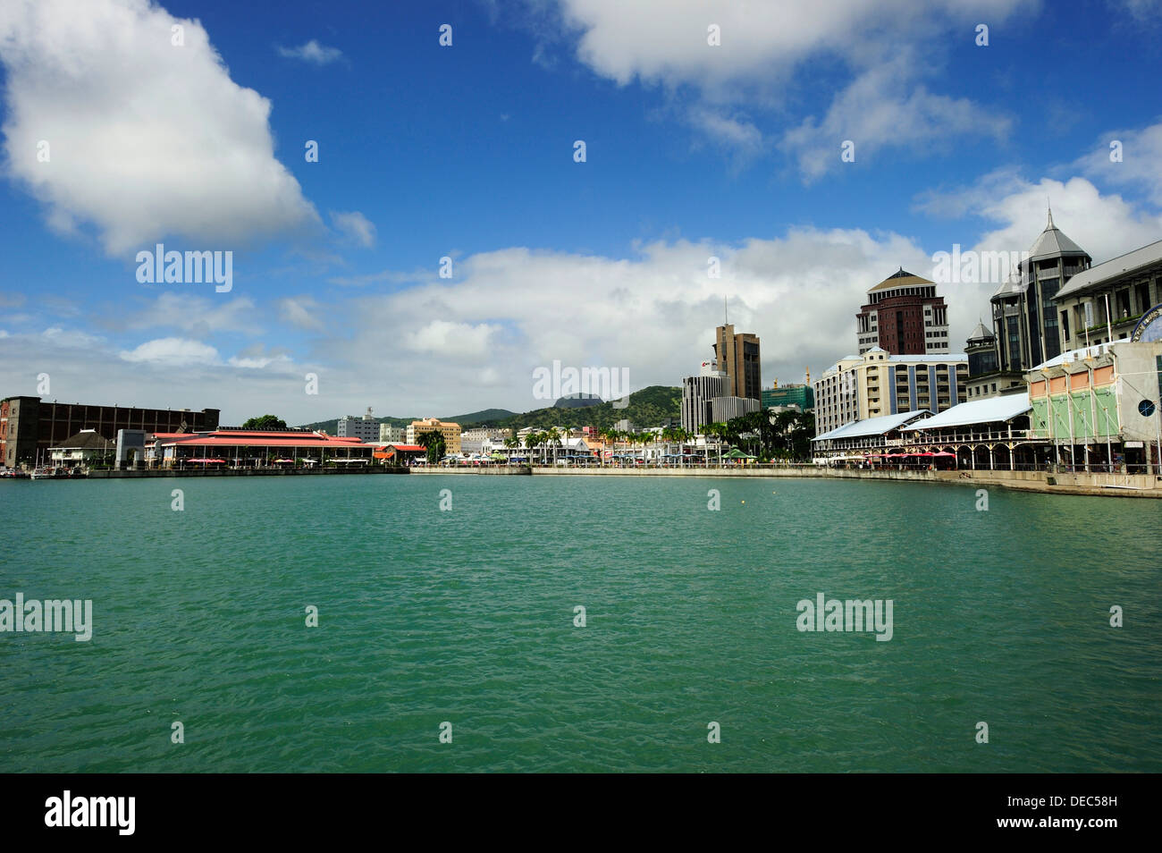 Cityscape of Port Louis, from the water, Port Louis, Mauritius Stock Photo