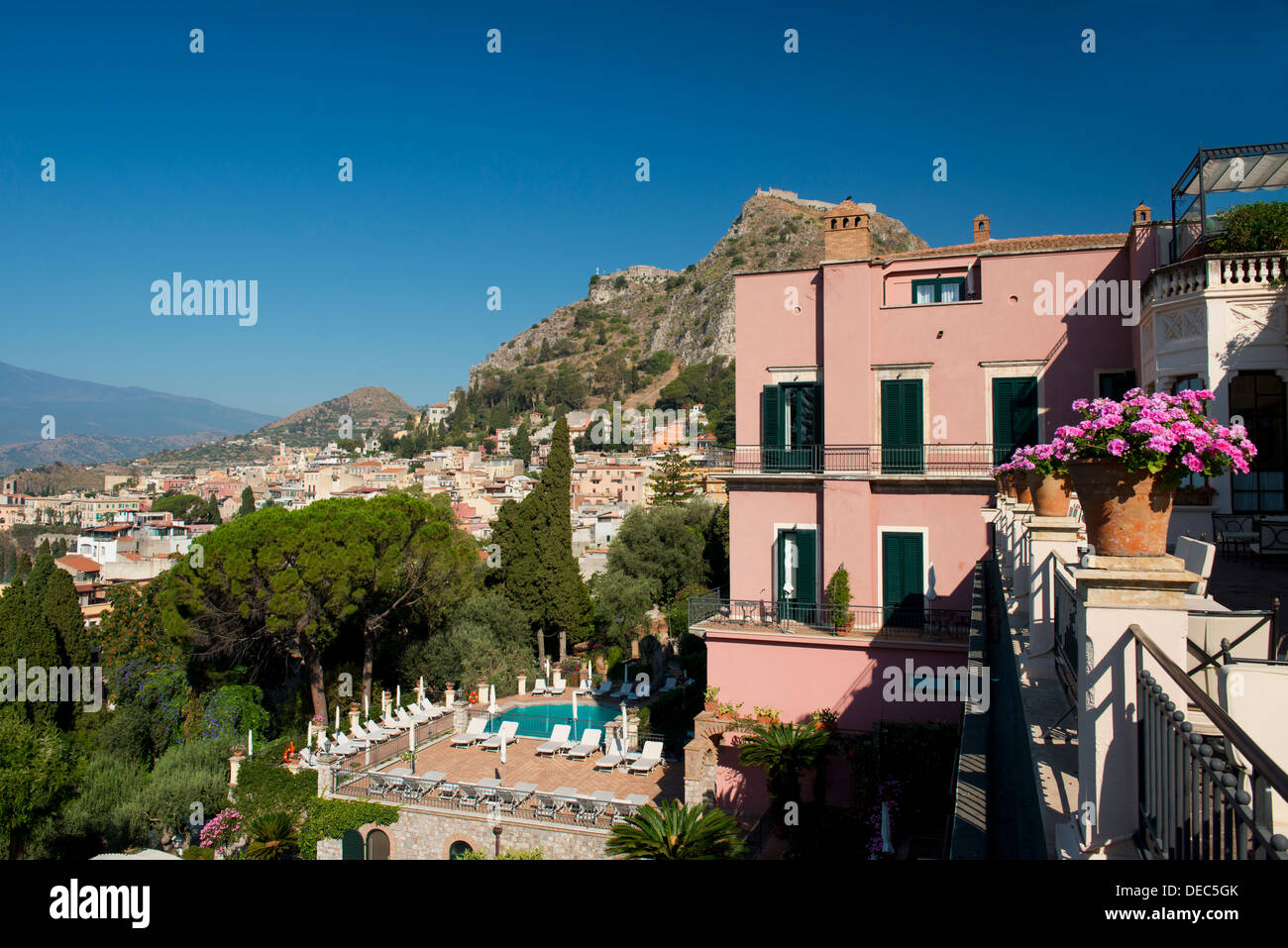 A view of Taormina from the terrace of the Grand Hotel Timeo e Villa Flora; Taormina, Sicily, Italy Stock Photo