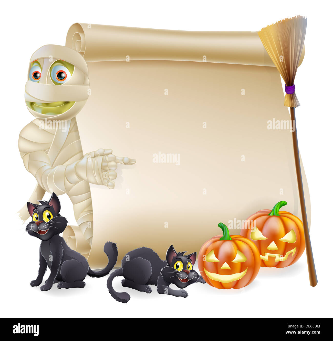 Halloween scroll or banner sign with orange carved Halloween pumpkins and cartoon mummy character Stock Photo