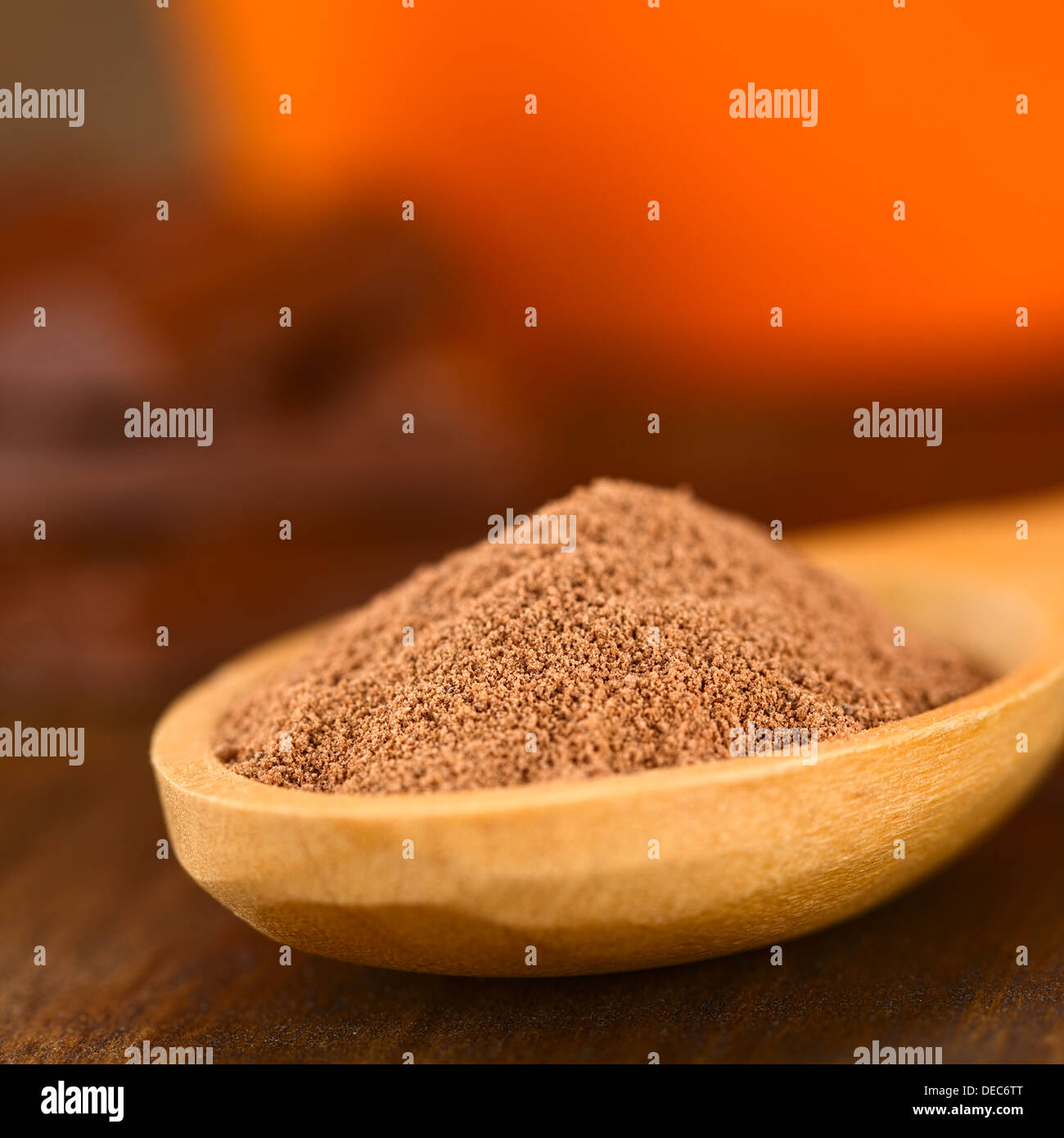 Cocoa powder on wooden spoon (Very Shallow Depth of Field, Focus one third into the cocoa) Stock Photo