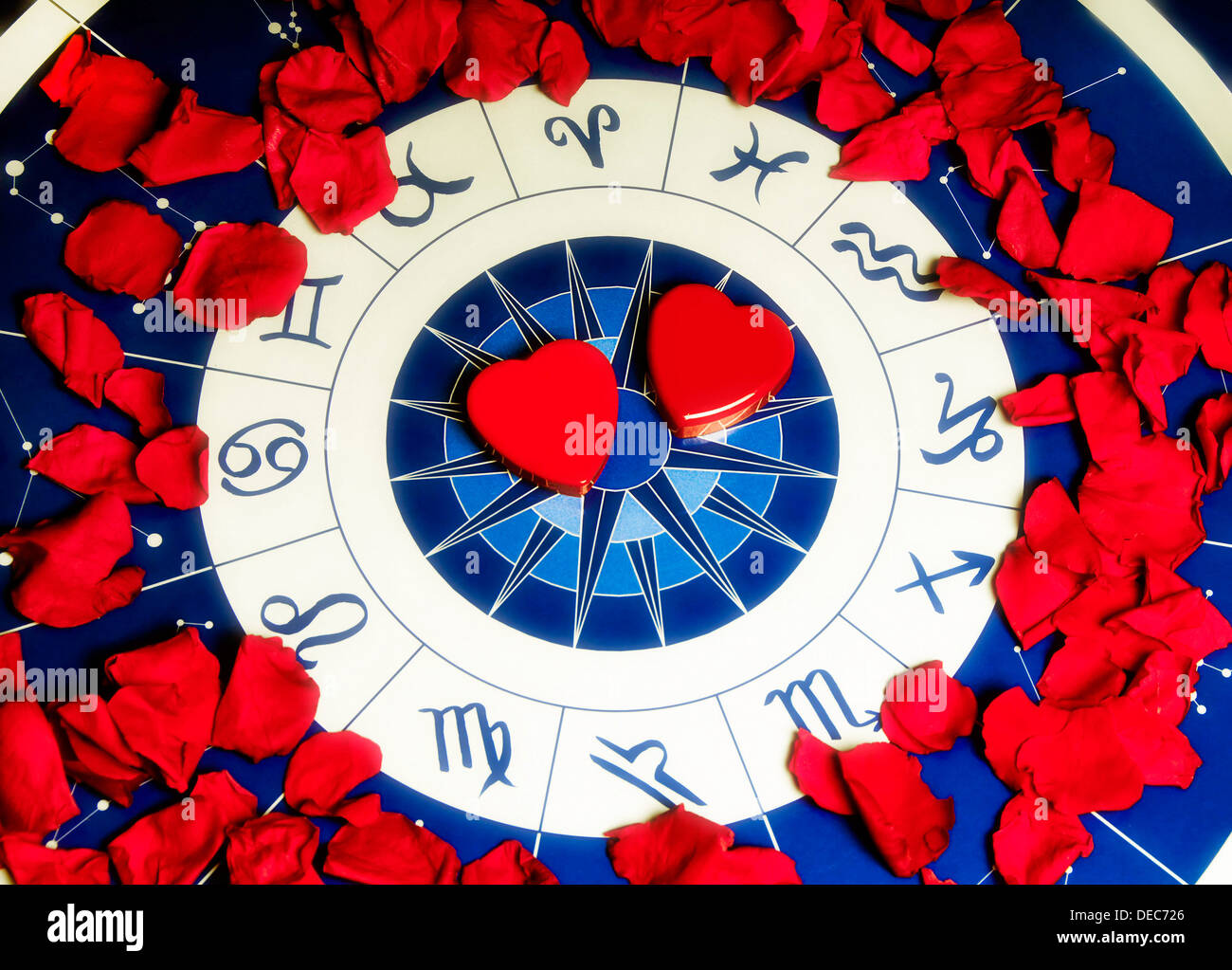 red rose petals around an astrology wheel with two heart shapes Stock Photo