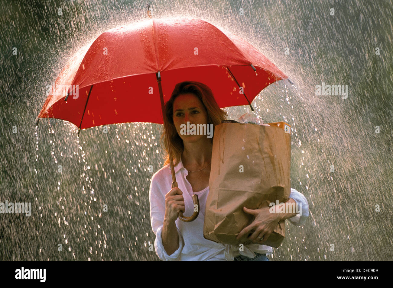 WOMAN WITH UMBRELLA AND SHOPPING IN RAIN Stock Photo 60506777 Alamy