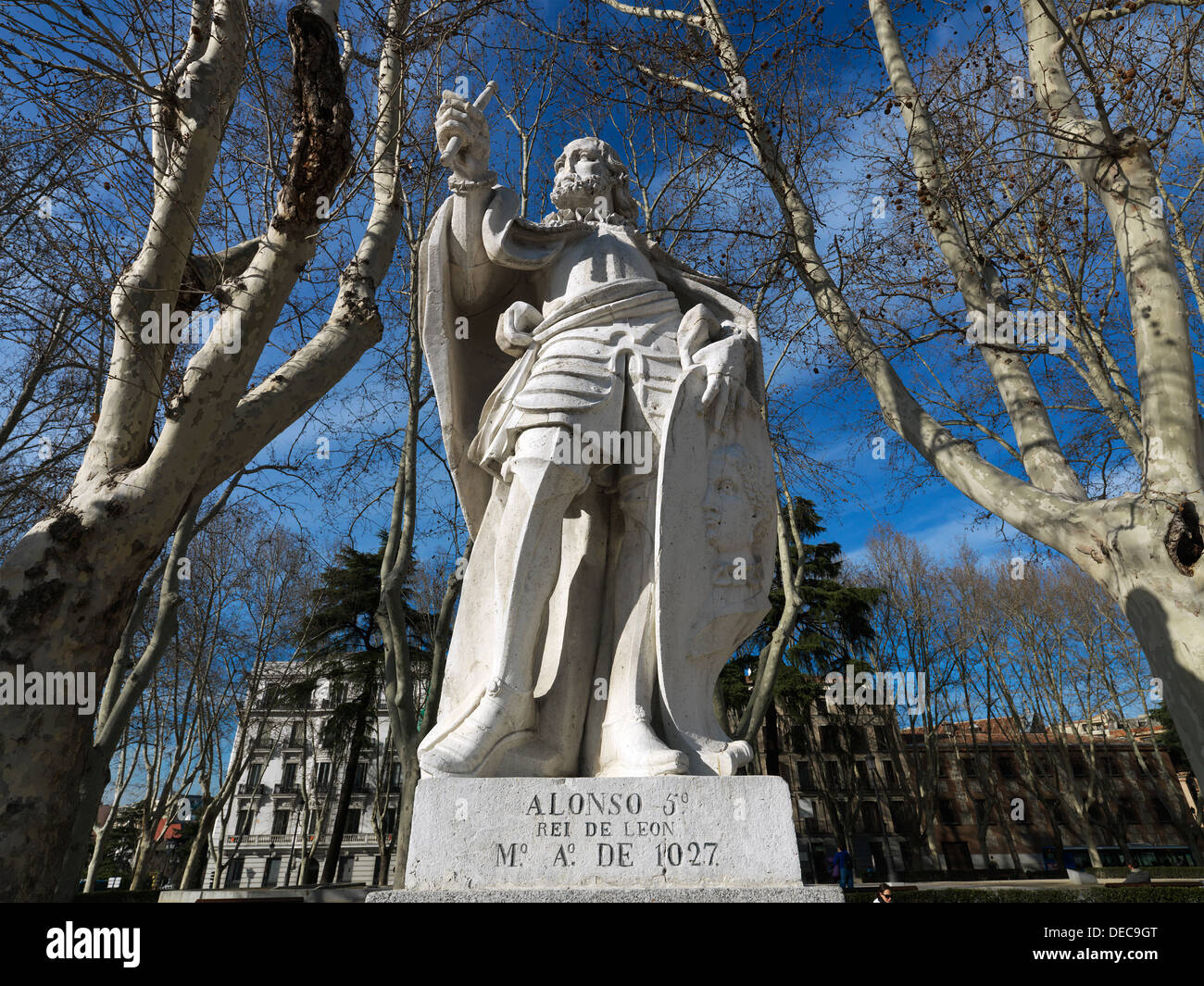Madrid, Spain, Statue V. Alonso, Rei de Leon, in the park in front of the Palace of King lichen Stock Photo