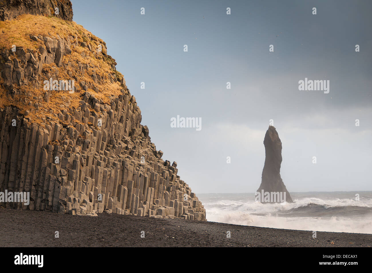 View of Reynisfjara rock formations on the beach at Halsanefhellir Iceland Stock Photo