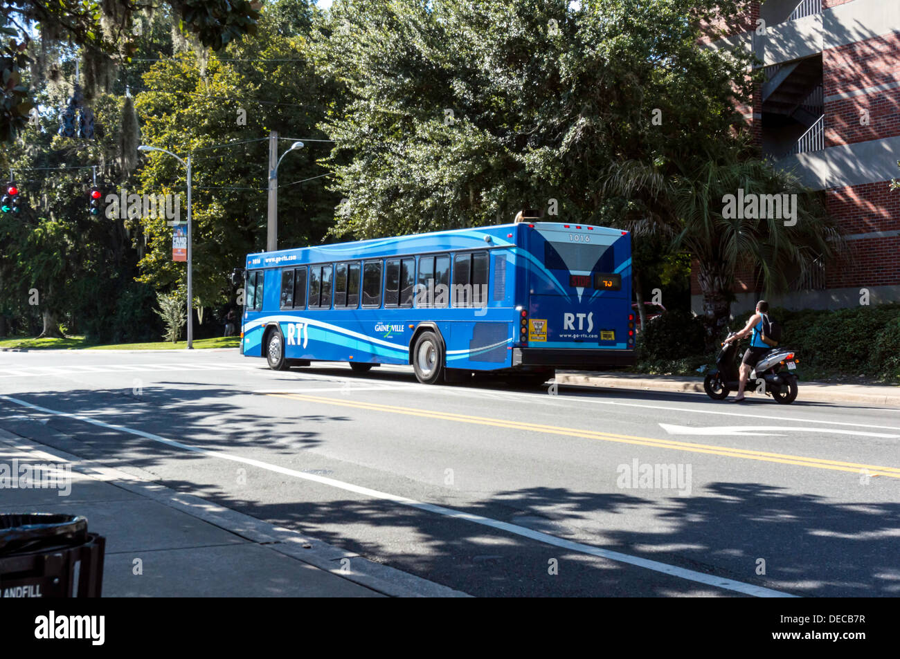 Blue Gainesville RTS commuter passenger bus on city street. Stock Photo