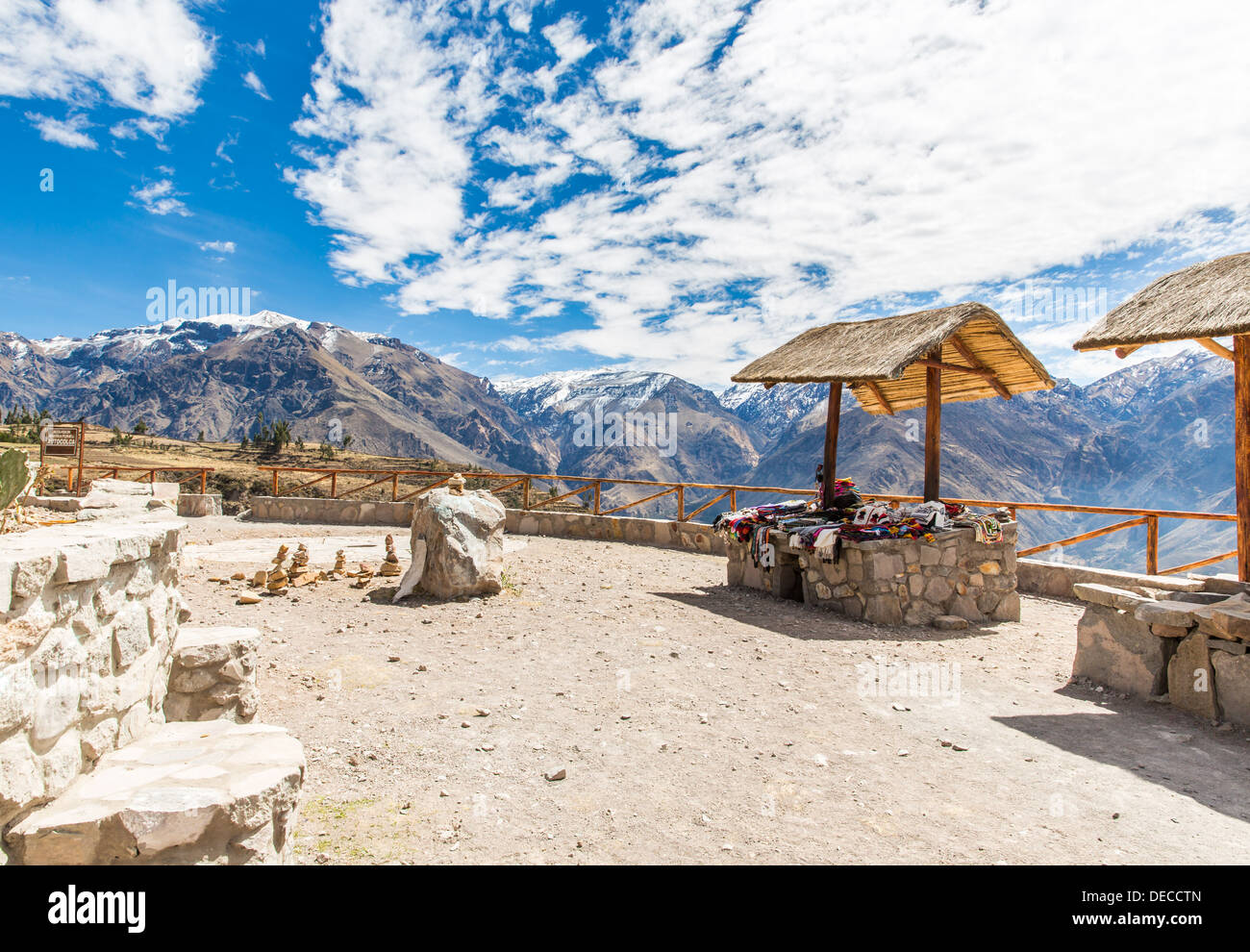 Market, Hawkers in Colca Canyon, Peru, South America. Colorful blanket, scarf, cloth, ponchos from wool of alpaca, llama Stock Photo