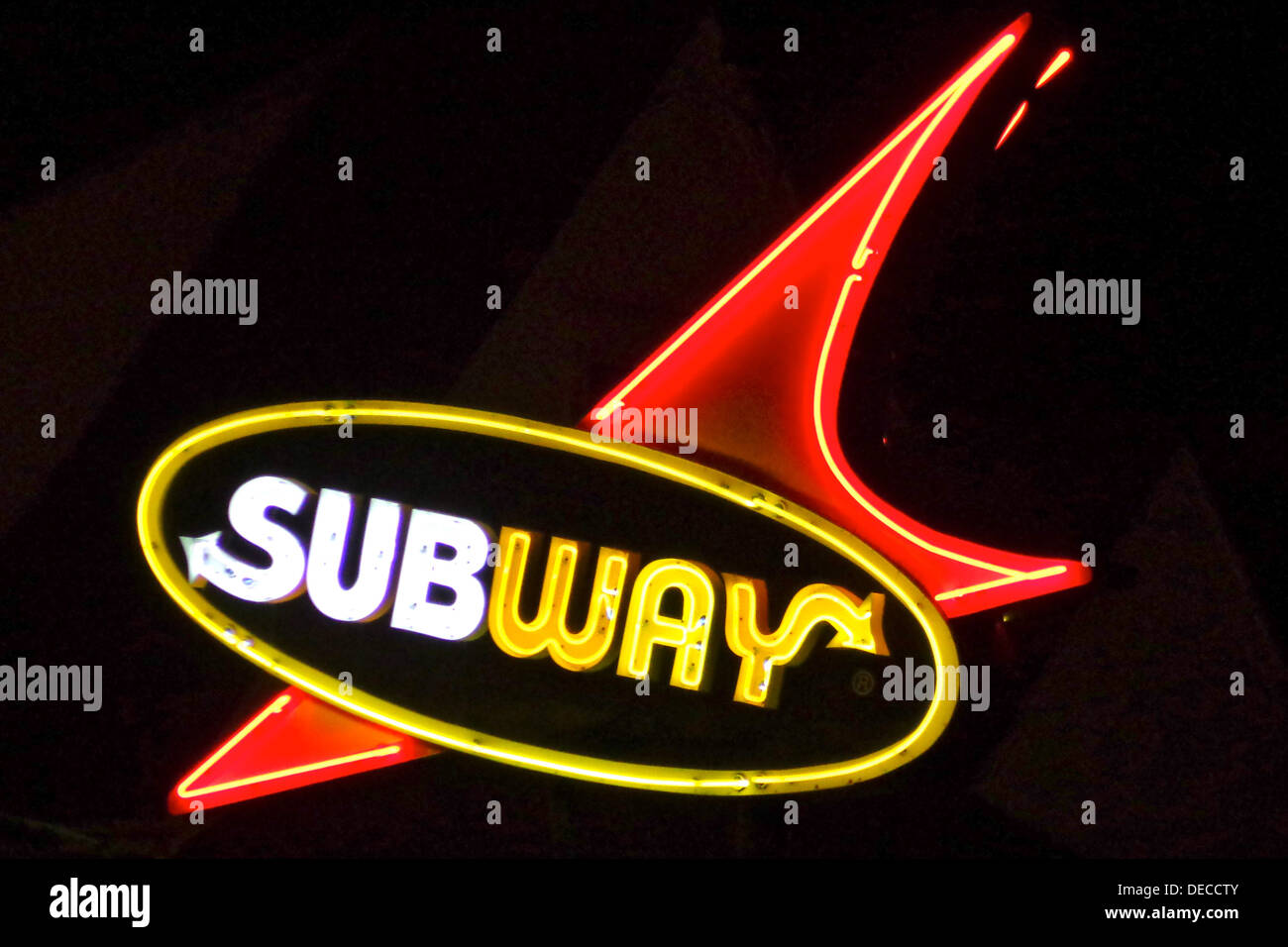 Subway neon sign  in the Dop Wop historic district in the Wildwoods, New Jersey. Stock Photo