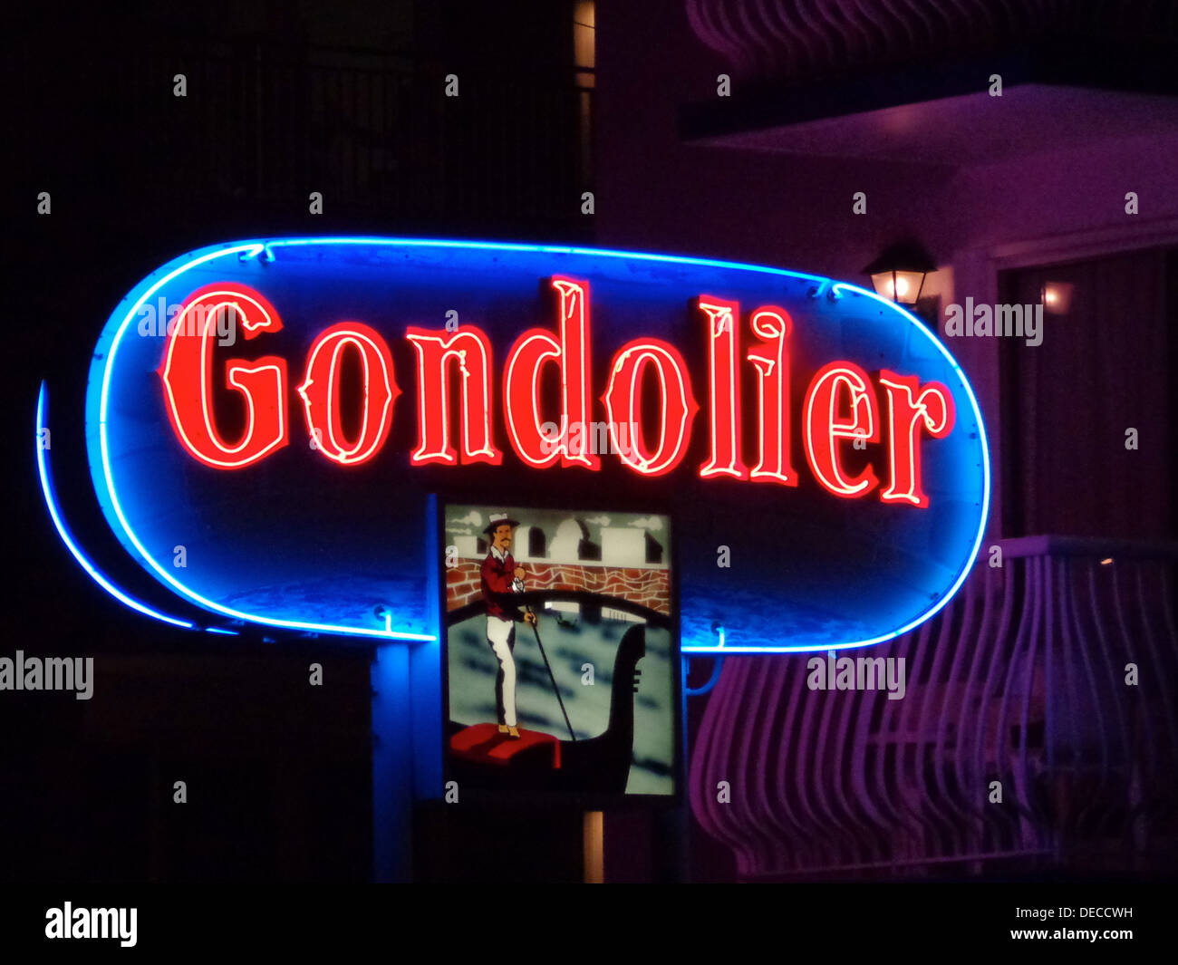 Gondolier Motel neon sign  in the Dop Wop historic district in the Wildwoods, New Jersey. Stock Photo