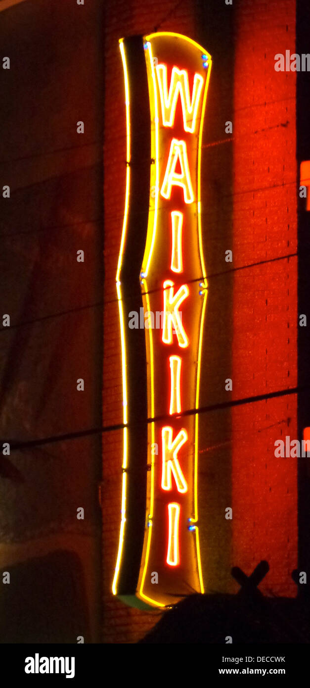 WaikikiMotel neon sign  in the Dop Wop historic district in the Wildwoods, New Jersey. Stock Photo