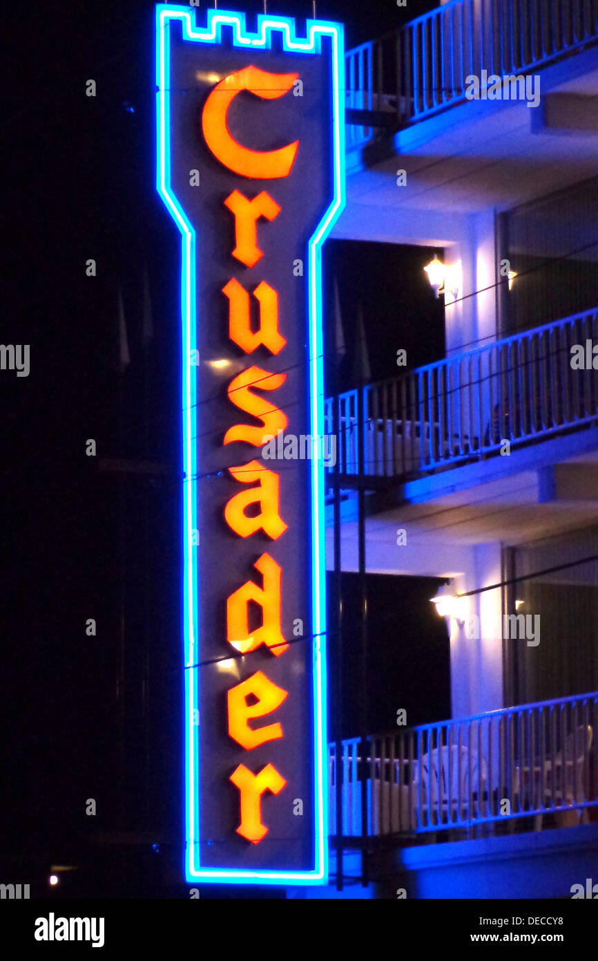 Crusader Motel neon sign  in the Dop Wop historic district in the Wildwoods, New Jersey. Stock Photo
