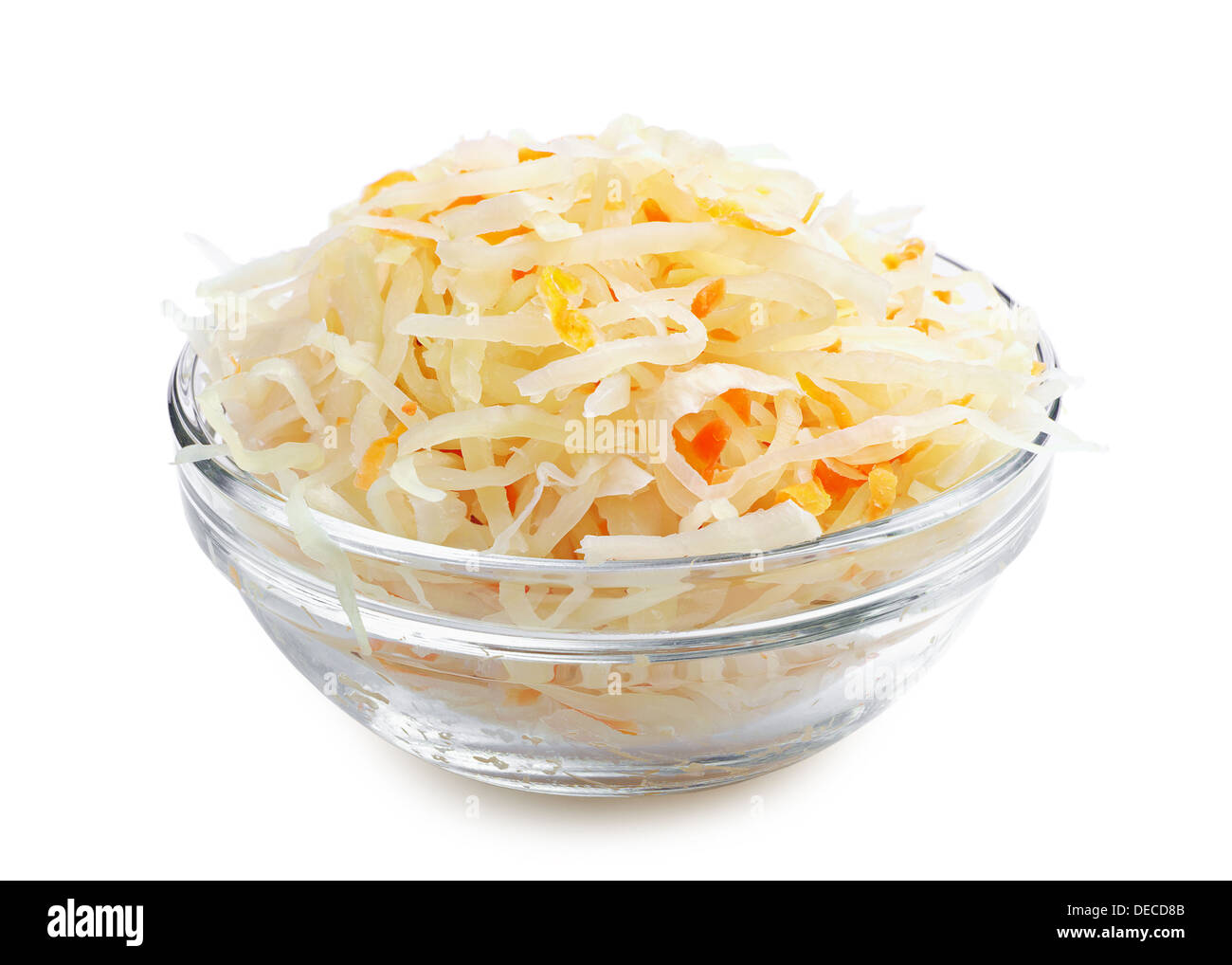 Sauerkraut in transparent glass bowl on white Stock Photo