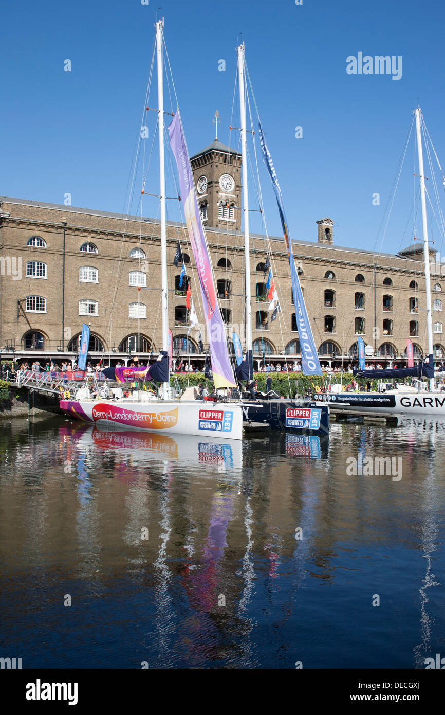 The Clipper Round the World Race fleet at St Katharine Docks, London Borough of Tower Hamlets, London, England, United Kingdom Stock Photo