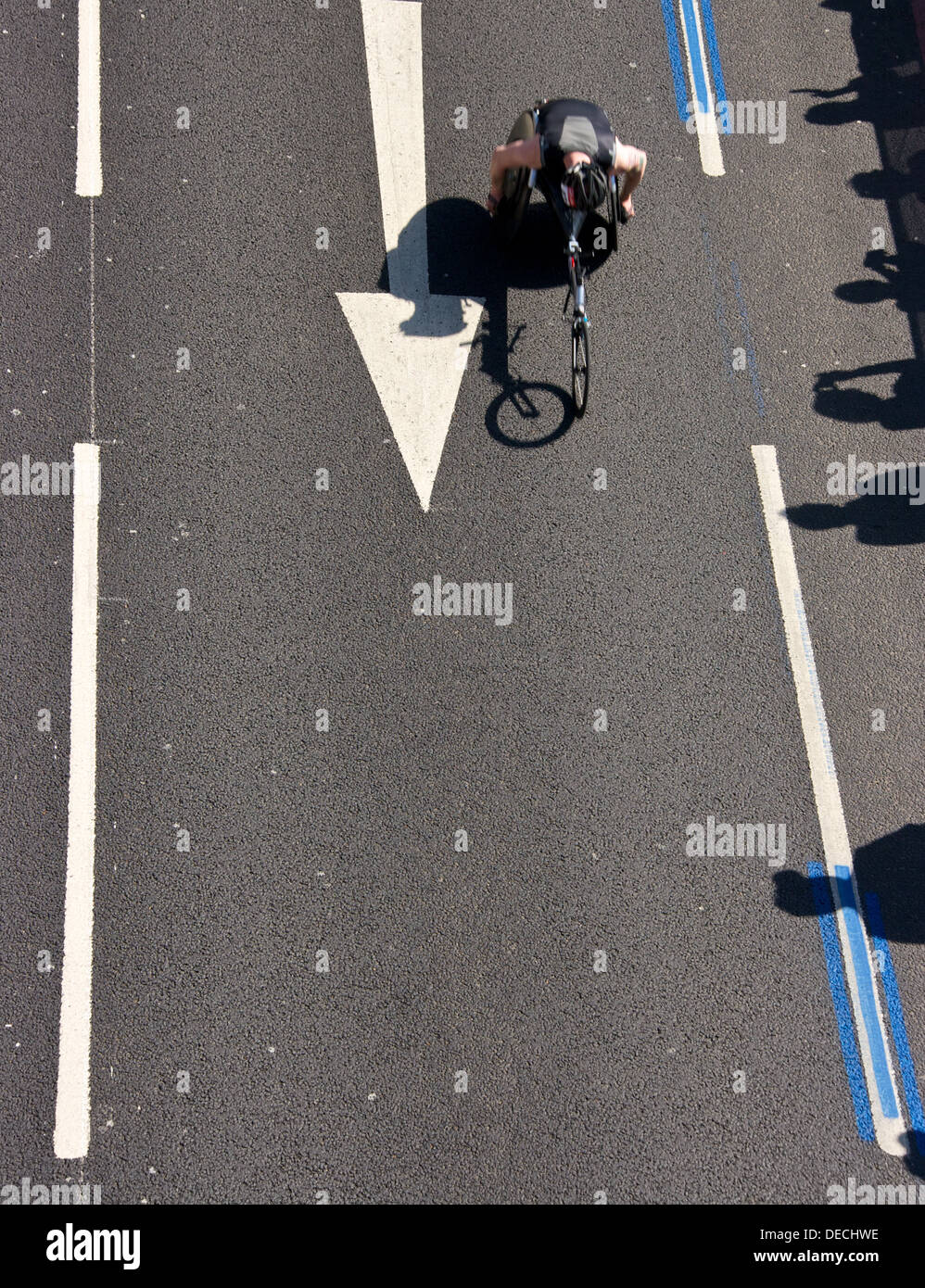 Motion blur of London 2013 disabled wheelchair marathon competitor England Europe Stock Photo