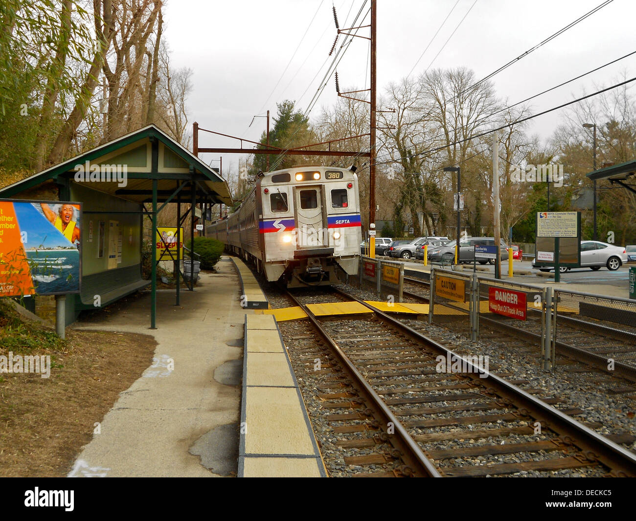 Moylan-Rose Valley SEPTA train Station. Train arriving from Philadelphia. Stock Photo
