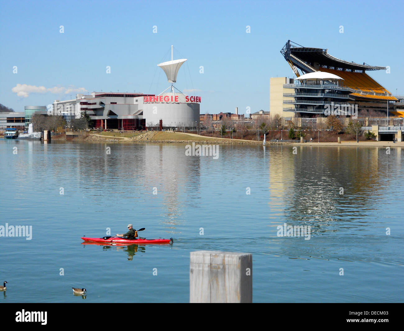 Canoer on the Allegheny River in Pittsburgh near the confluence with the Monongahela River at the Forks of the Ohio (Point State Point). Del Heinz Field and Carnegie Science Center in the background. Stock Photo