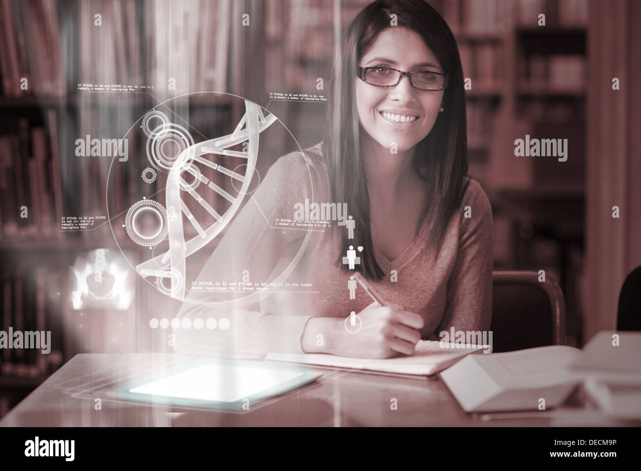 Cheerful mature student studying medicine on digital interface Stock Photo
