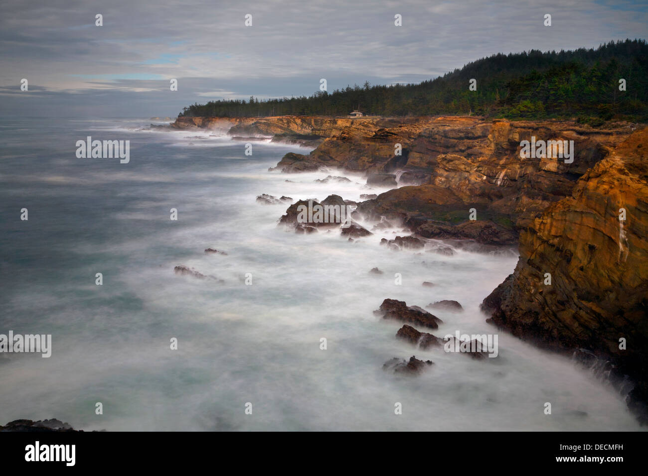OREGON - Rough surf pounding against the weathered sandstone cliffs at Shore Acres State Park. Stock Photo