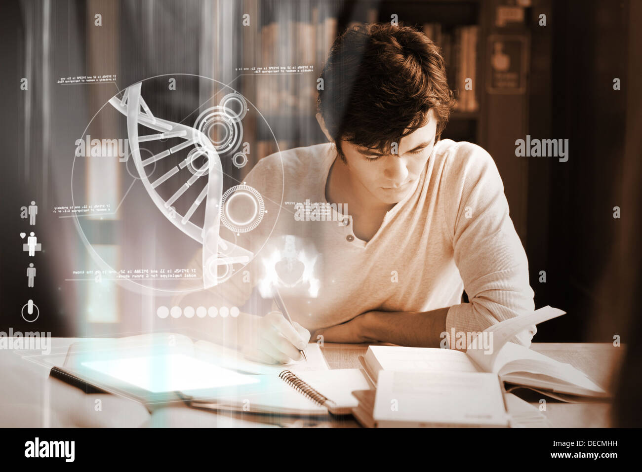 Concentrated college student analysing dna on digital interface Stock Photo