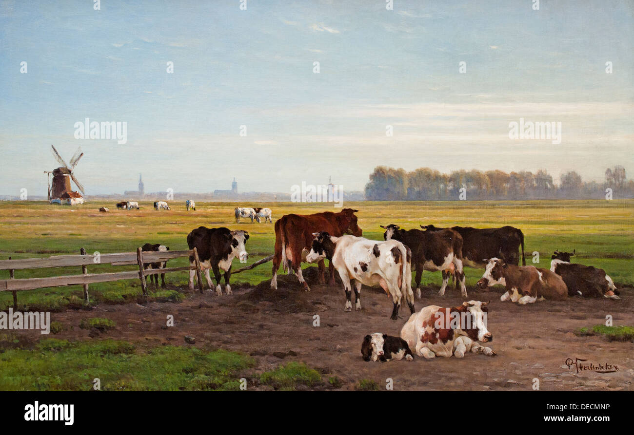 Namiddag vee in een wei - Afternoon cattle in a meadow Pieter Stortenbeker 1828 - 1898   Dutch Netherlands Stock Photo