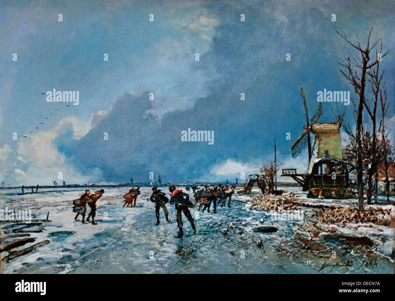 Wintergezicht met schaatsers - Winter view with skaters 1864 Johan Barthold Jongkind 1819-1891   Dutch Netherlands Stock Photo