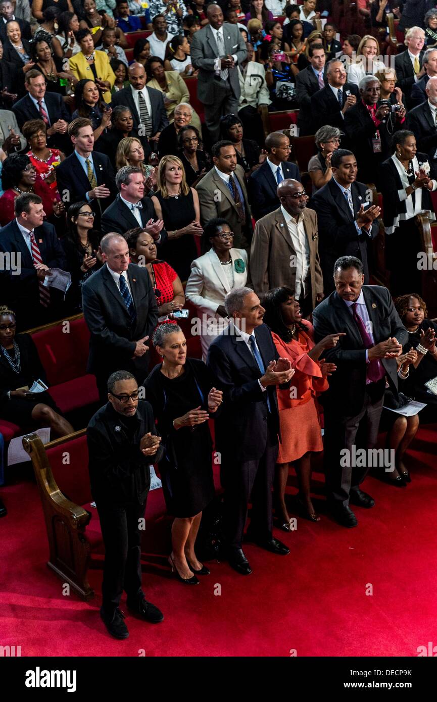 Birmingham, Alabama, USA. 15th Sep, 2013. From left, SPIKE LEE, SHARON MALONE HOLDER, U.S. Attorney General ERIC HOLDER, Congresswoman TERRI SEWELL (D-AL) and Rev. JESSE JACKSON attend the16th St. Baptist Church during the official commemoration of the 50th anniversary of the bombing that killed the four little girls. © Brian Cahn/ZUMAPRESS.com/Alamy Live News Stock Photo